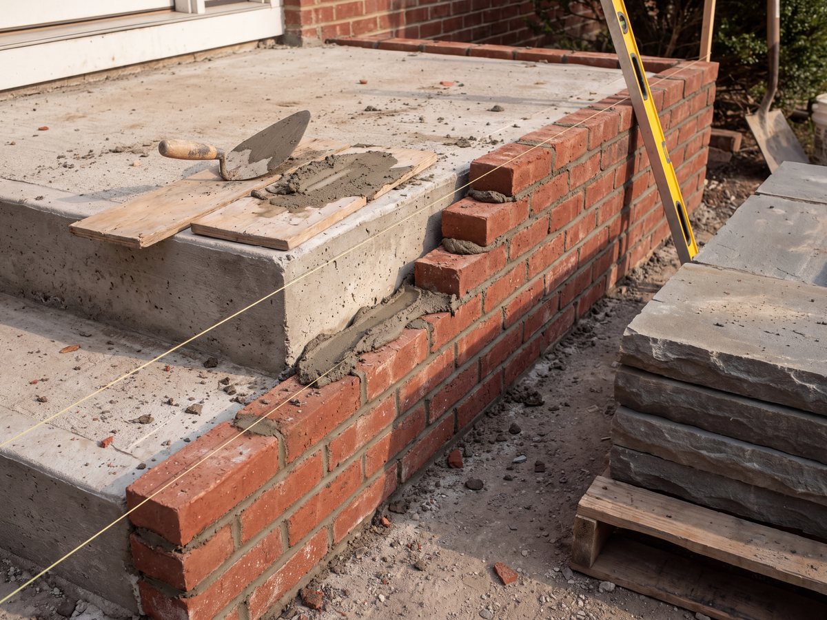 Red brick front steps being laid over a concrete core, a trowel and mortar on the top step, a level and string line in place