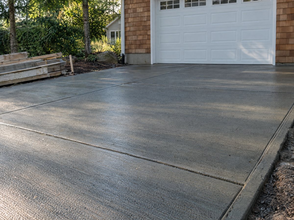 Newly poured broom-finished concrete driveway with saw-cut control joints, stripped forms stacked beside a cedar-shingle garage