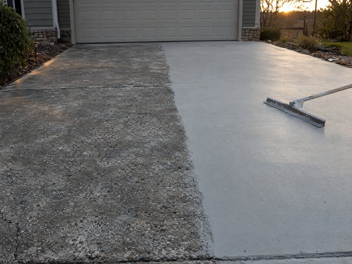 Concrete driveway half covered with a smooth cement overlay, the old pitted surface beside it and a squeegee on the fresh section
