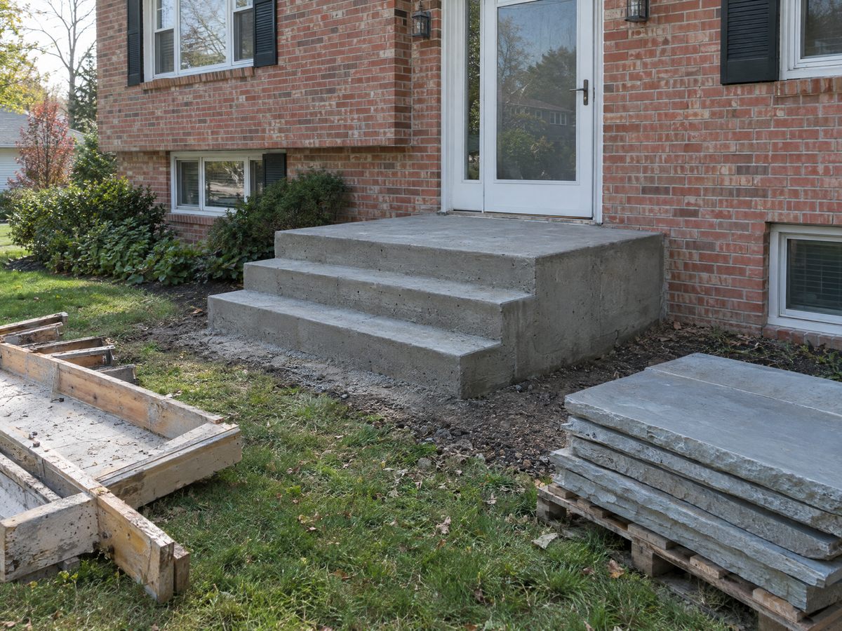 Poured concrete front stoop with three steps at the door of a brick split-level, forms just stripped and bluestone treads on a pallet