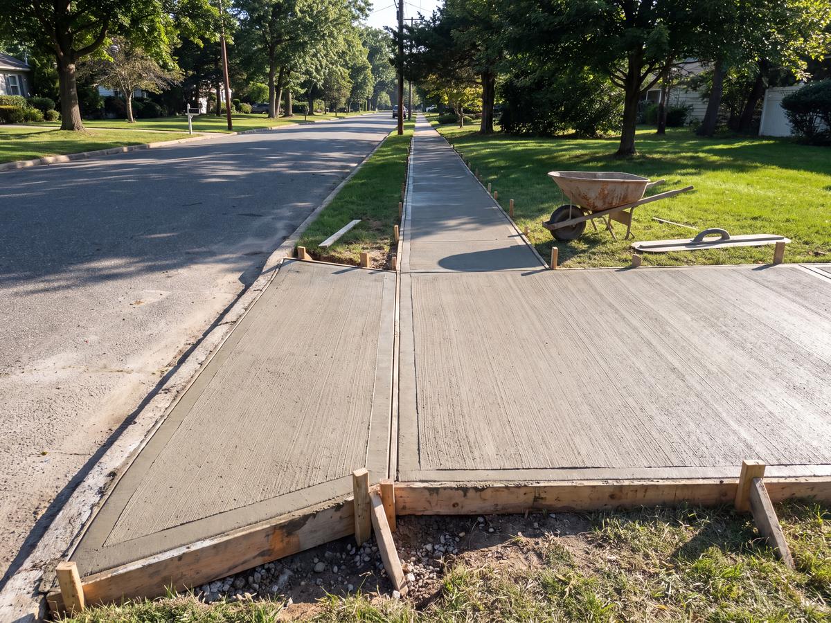 Freshly poured concrete sidewalk and driveway apron with wooden forms still in place, a wheelbarrow and bull float on the lawn