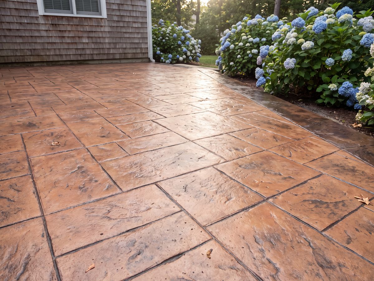Stamped concrete patio in an ashlar slate pattern with warm integral color, freshly sealed, beside blue hydrangeas